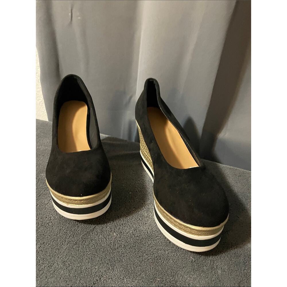 Black Suede Wedge Espadrille with Gold Platform Trim - Picture 2 of 4